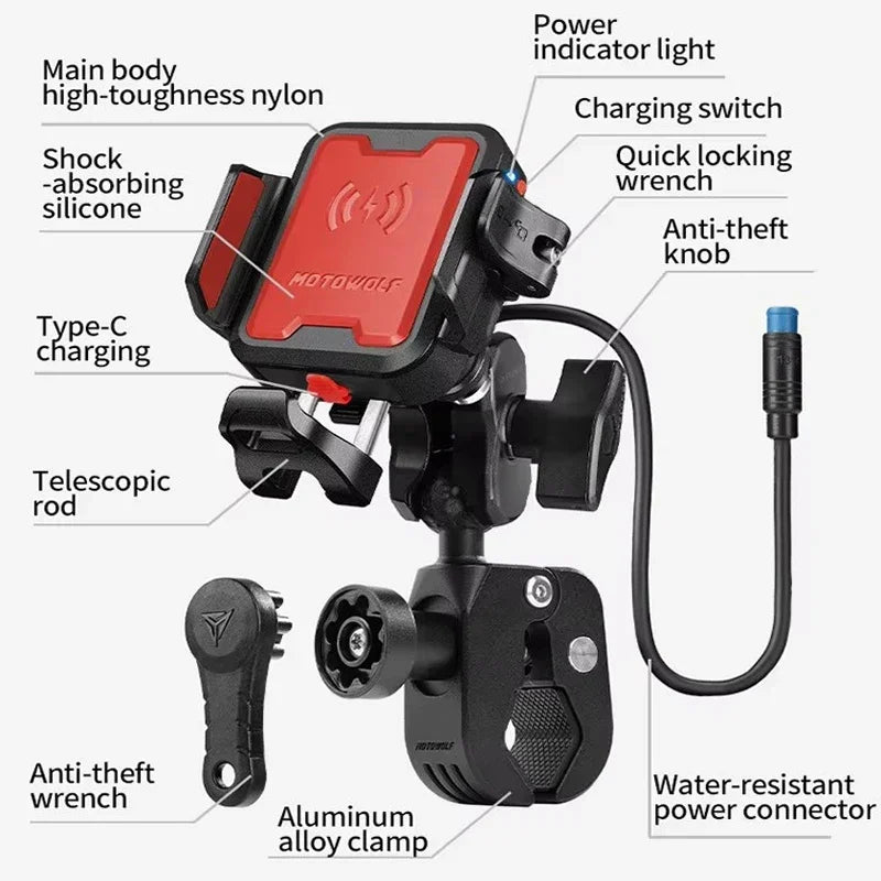 MOTOWOLF Motorcycle Riding Shock-Absorbing Phone Holder Type-C Charger Adjustable Anti-Theft Quick Release Navigation Bracket